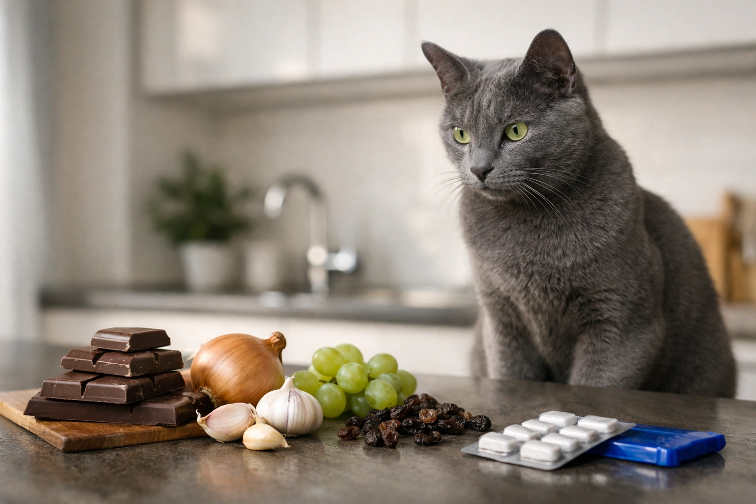 Stół z produktami spożywczymi, których nie należy podawać kotu — czekolada, cebula, winogrona