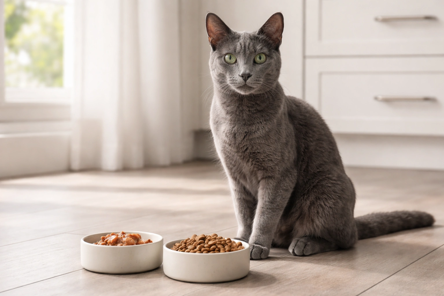 Miska z karmą mokrą i suchą karmą dla kota obok siebie